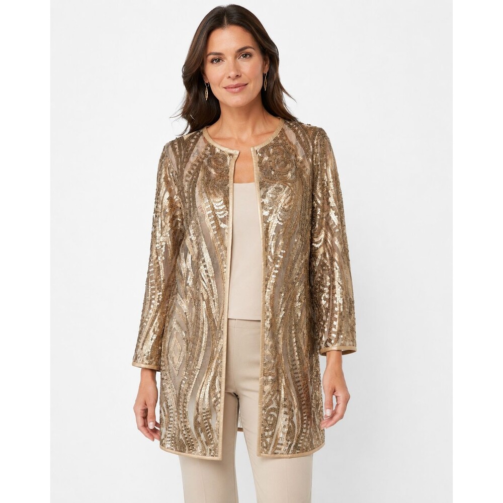 Chico’s Travelers Champagne Sequin Jacket Size 3 XL Gold Embroidered Mesh